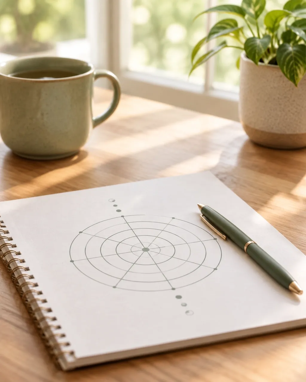 Notebook with a goals diagram beside a cup of coffee