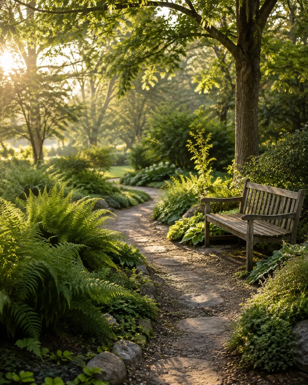 A garden path with a bench at The Mind Garden