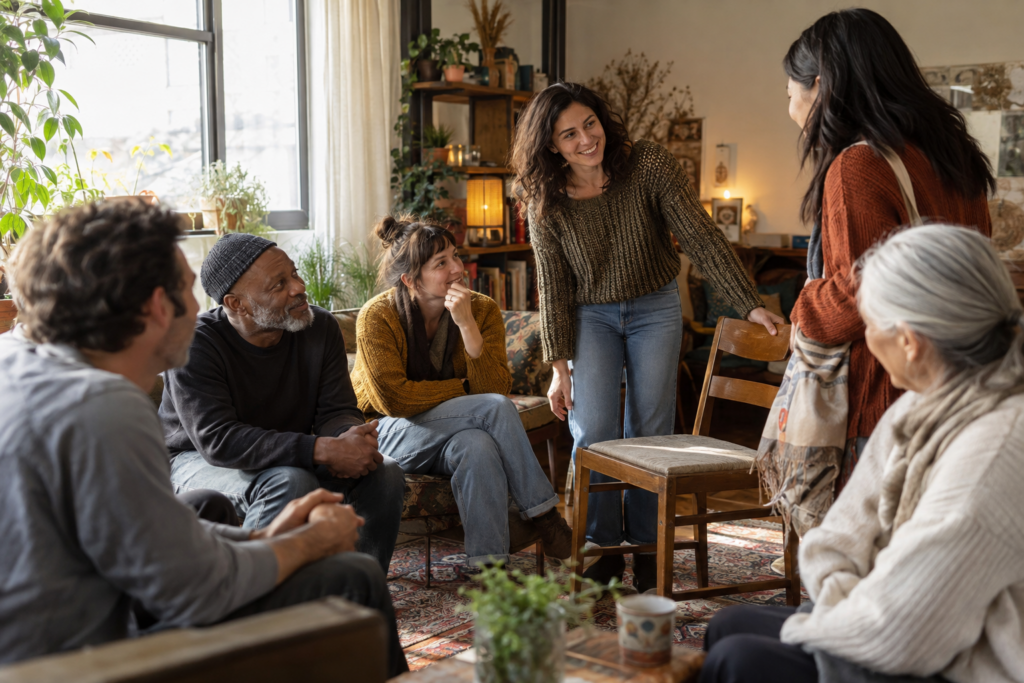 A group gathered in a warm room, listening and talking together