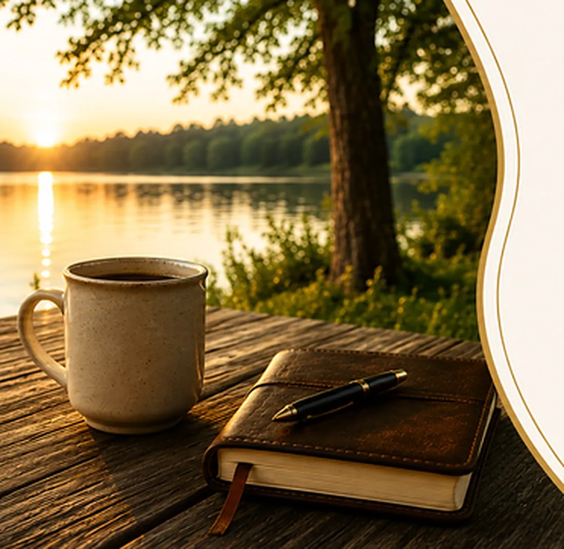 A journal and coffee beside a quiet lake at sunrise