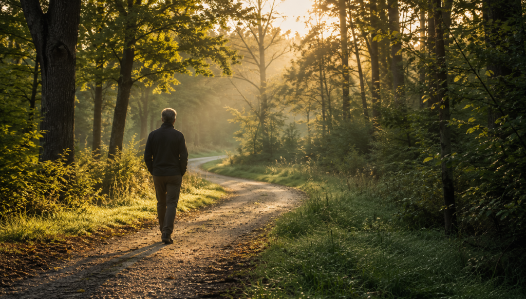 Person walking alone on a winding wooded path during the early morning, symbolizing reflection, personal growth, and fulfillment beyond achievement.