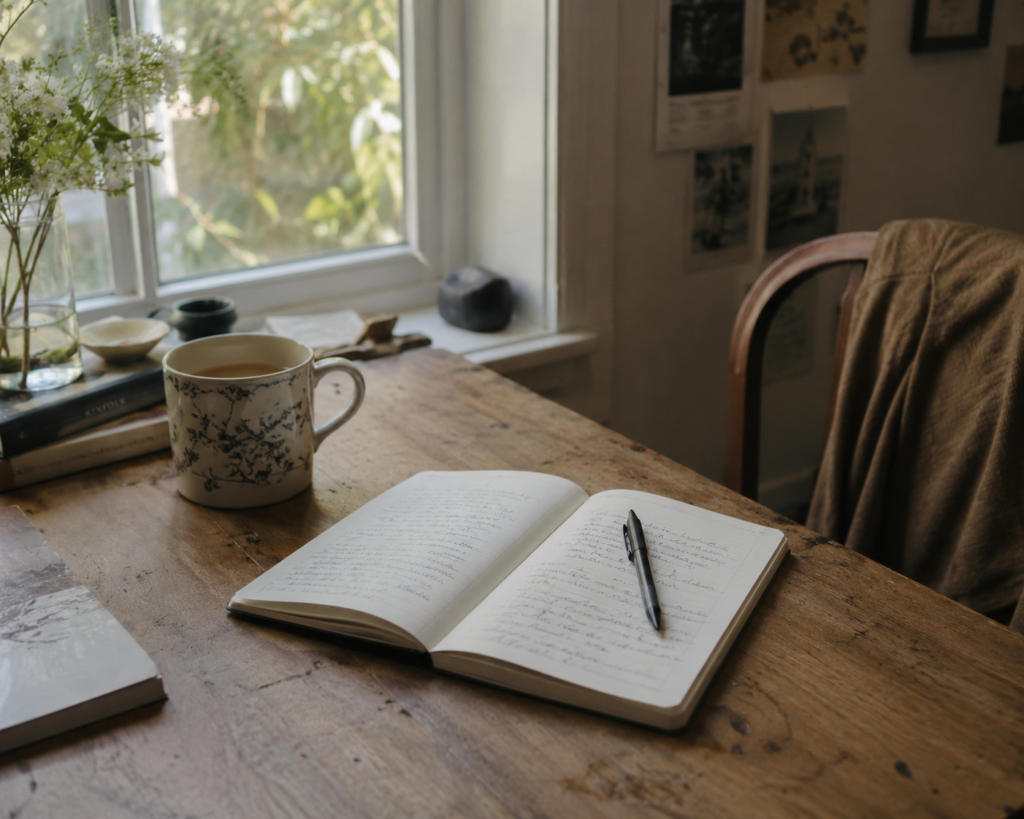 Open notebook and cup of tea in soft morning light representing reflection, changing habits, and personal growth.
