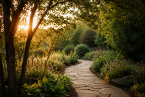 Quiet garden path in soft evening light representing presence, reflection, and creating space beyond constant productivity.