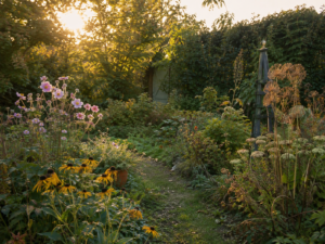 Late-summer garden with blooming and fading plants representing attention, presence, and what we choose to cultivate in life.