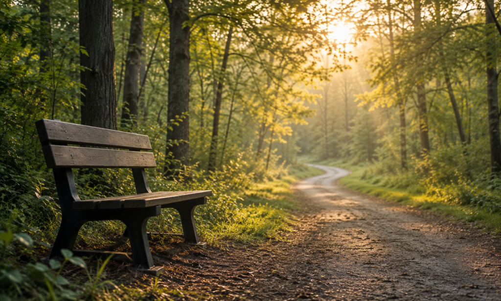 Empty park bench beside a tree-lined walking path symbolizing reflection, transition, and personal growth
