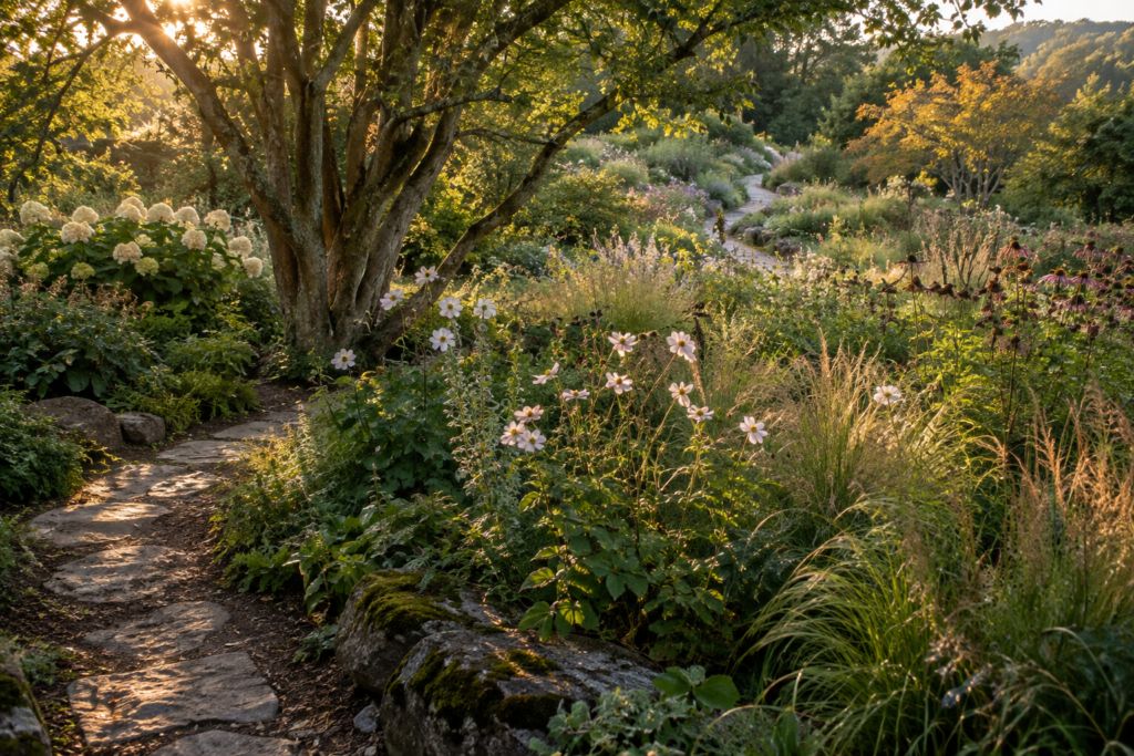 A curving garden path disappearing and reappearing among mature plants, representing the nonlinear nature of personal growth and becoming.