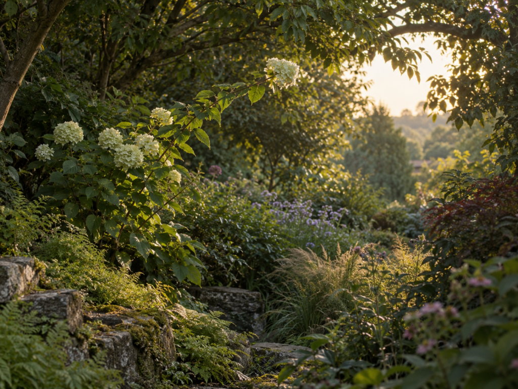 A plant growing toward an opening in a mature garden, representing the strategies we develop to reach deeper human needs.