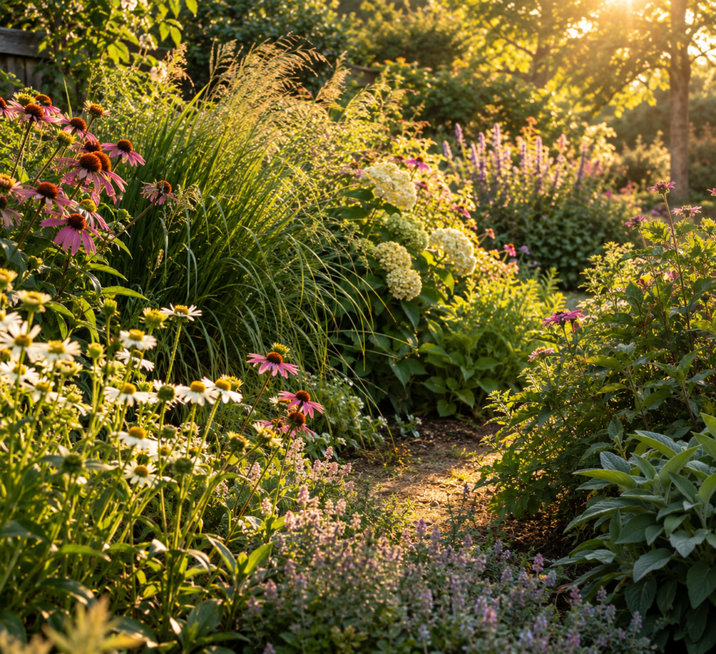 An abundant garden with a small open space among the plants, representing the need to create room for growth and change.