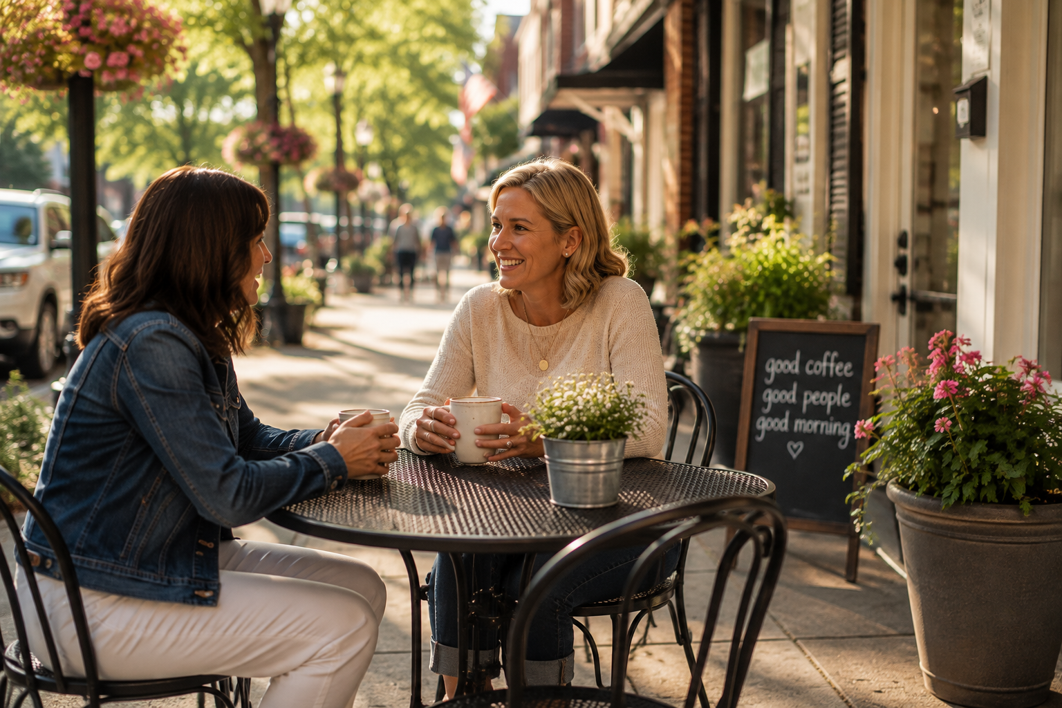 Two women sitting at an outdoor café table on a sunny street, smiling and talking over coffee